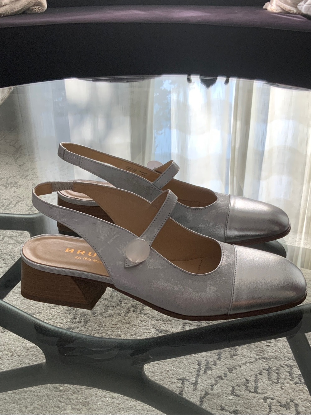 Brunate Silver Slingback Mary Jane Heels with Low Block Heel 39